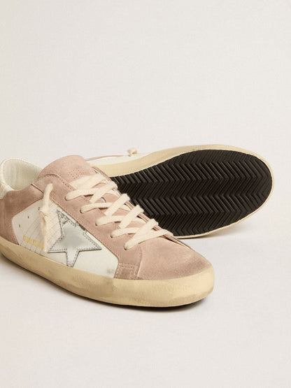 Golden Goose Womens Super-Star Sneakers In Pink Suede With Silver Metallic Leather Star Womens