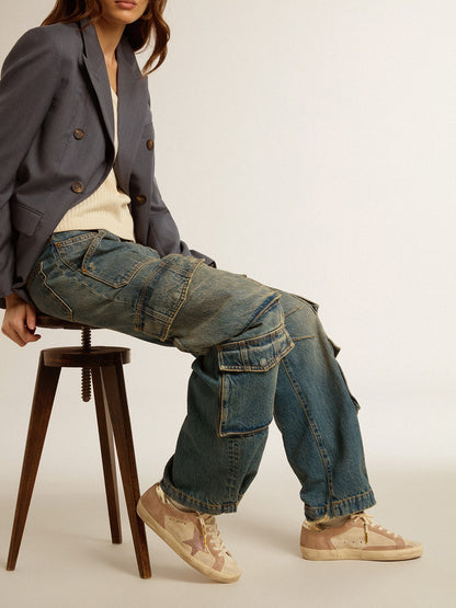 Golden Goose Womans Super-Star In Pale Pink Suede With Suede Star And Platinum Heel Tab Womens