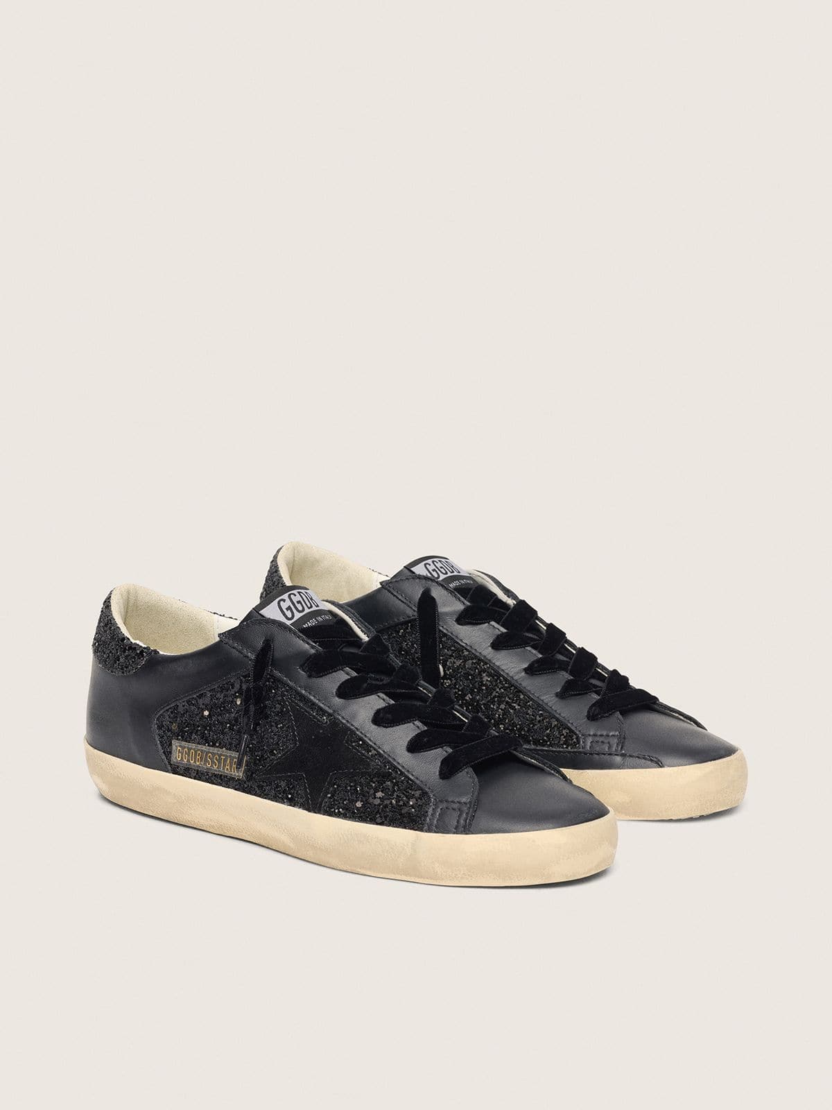 Golden Goose Womens Super-Star In Black Glitter With Black Suede Star And Leather Inserts Womens
