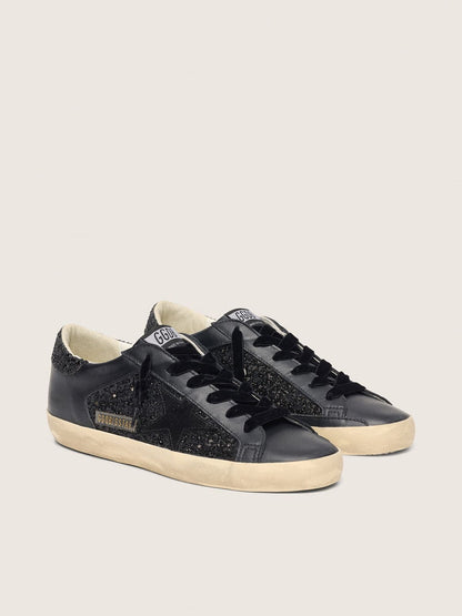 Golden Goose Womens Super-Star In Black Glitter With Black Suede Star And Leather Inserts Womens