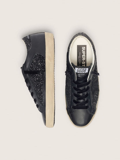 Golden Goose Womens Super-Star In Black Glitter With Black Suede Star And Leather Inserts Womens