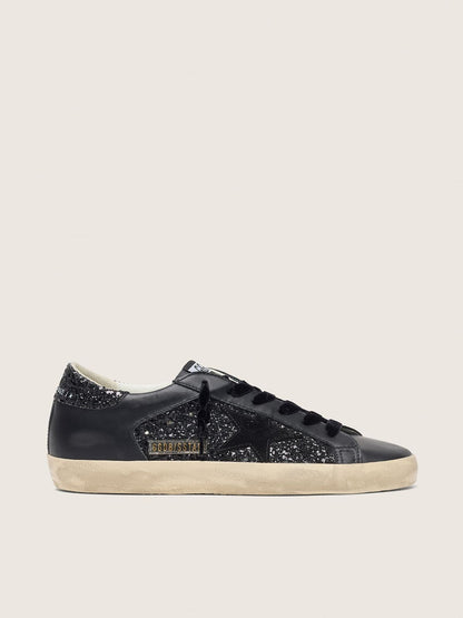 Golden Goose Womens Super-Star In Black Glitter With Black Suede Star And Leather Inserts Womens
