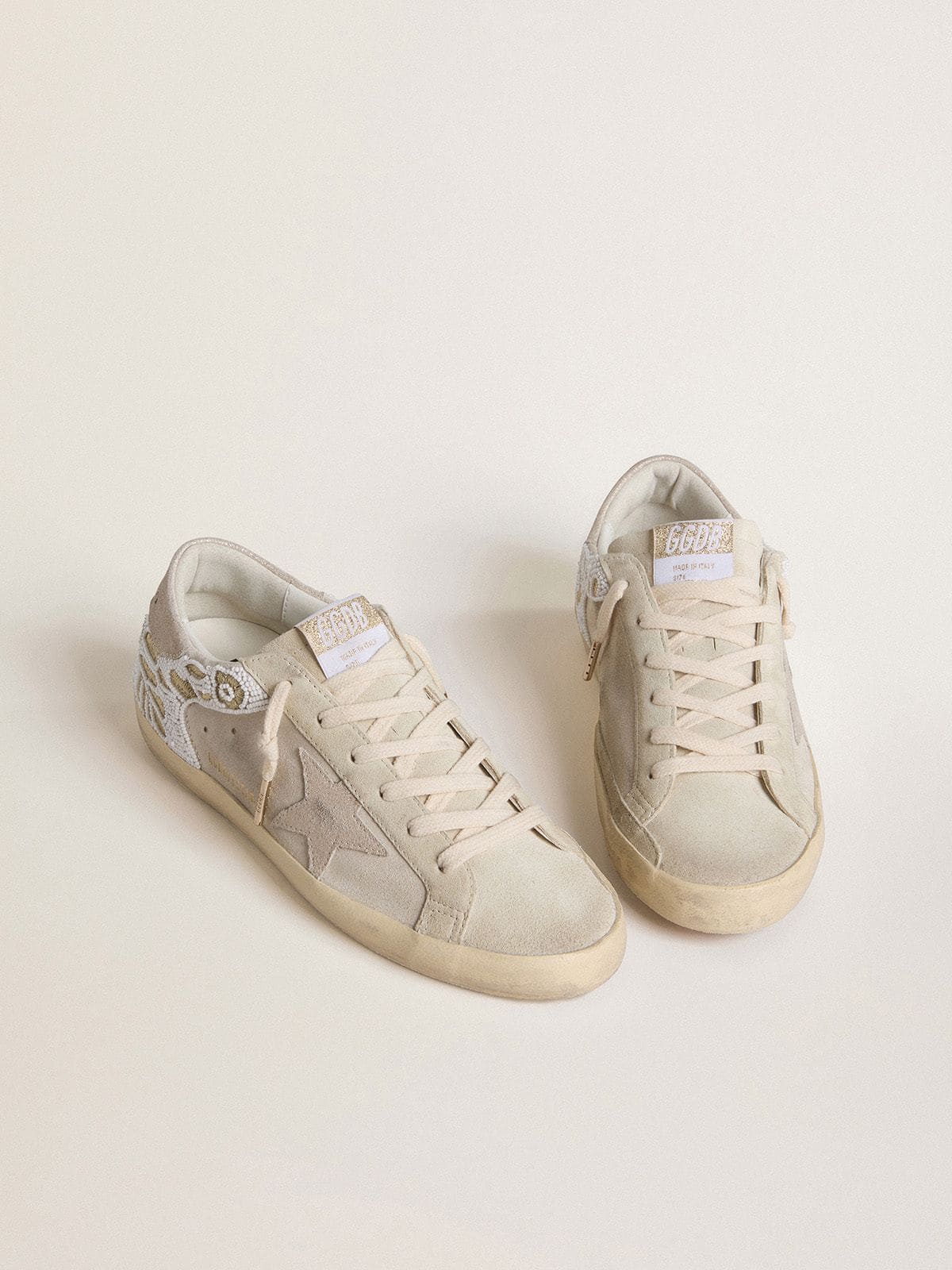 Golden Goose Womens Super-Star In Beige Suede With Bead Embroidery And Laminated Suede Star Womens