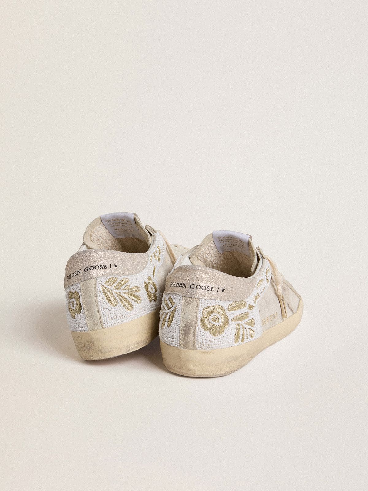 Golden Goose Womens Super-Star In Beige Suede With Bead Embroidery And Laminated Suede Star Womens