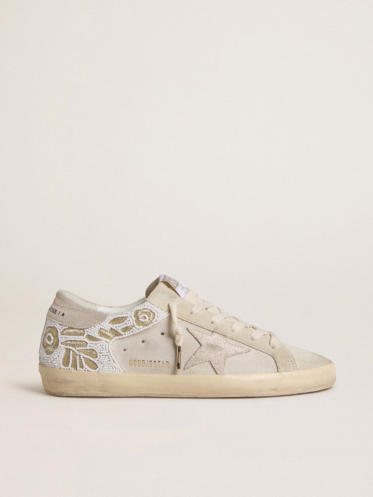 Golden Goose Womens Super-Star In Beige Suede With Bead Embroidery And Laminated Suede Star Womens