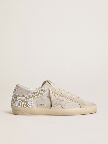 Golden Goose Womens Super-Star In Beige Suede With Bead Embroidery And Laminated Suede Star Womens