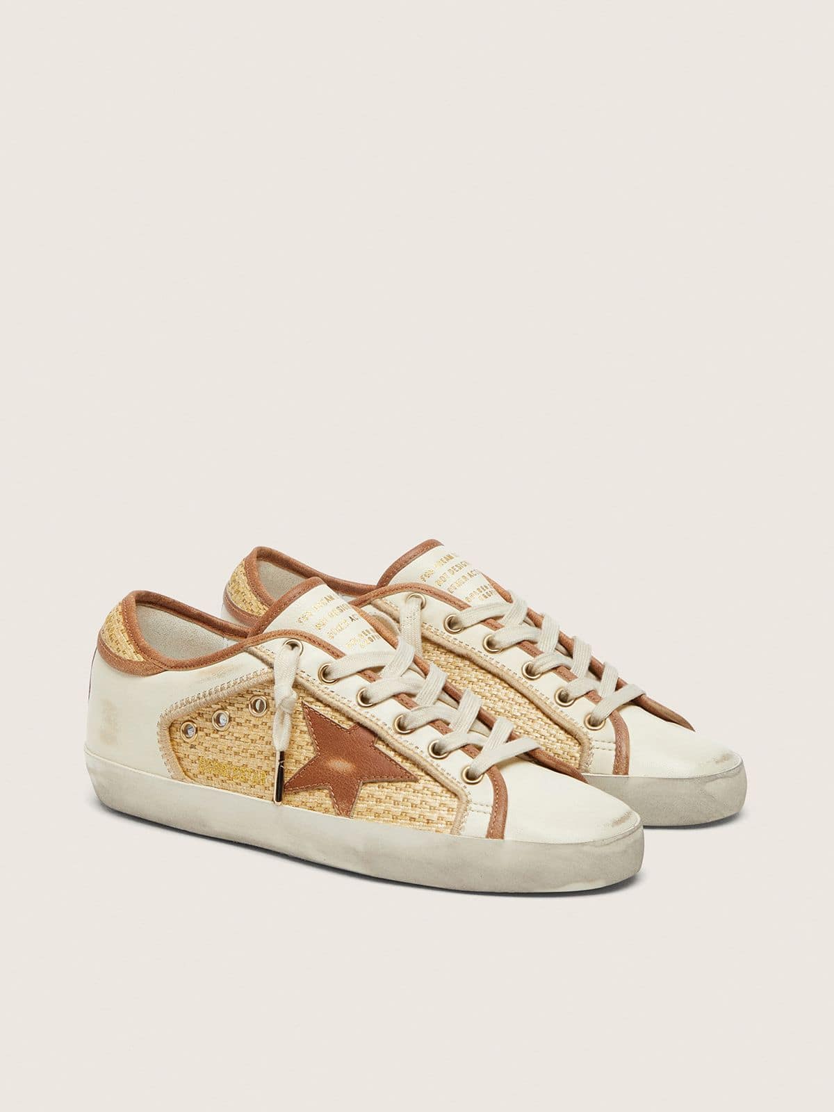 Golden Goose Womens Super-Star In White Leather And Raffia With Brick-Red Star And Inserts Womens