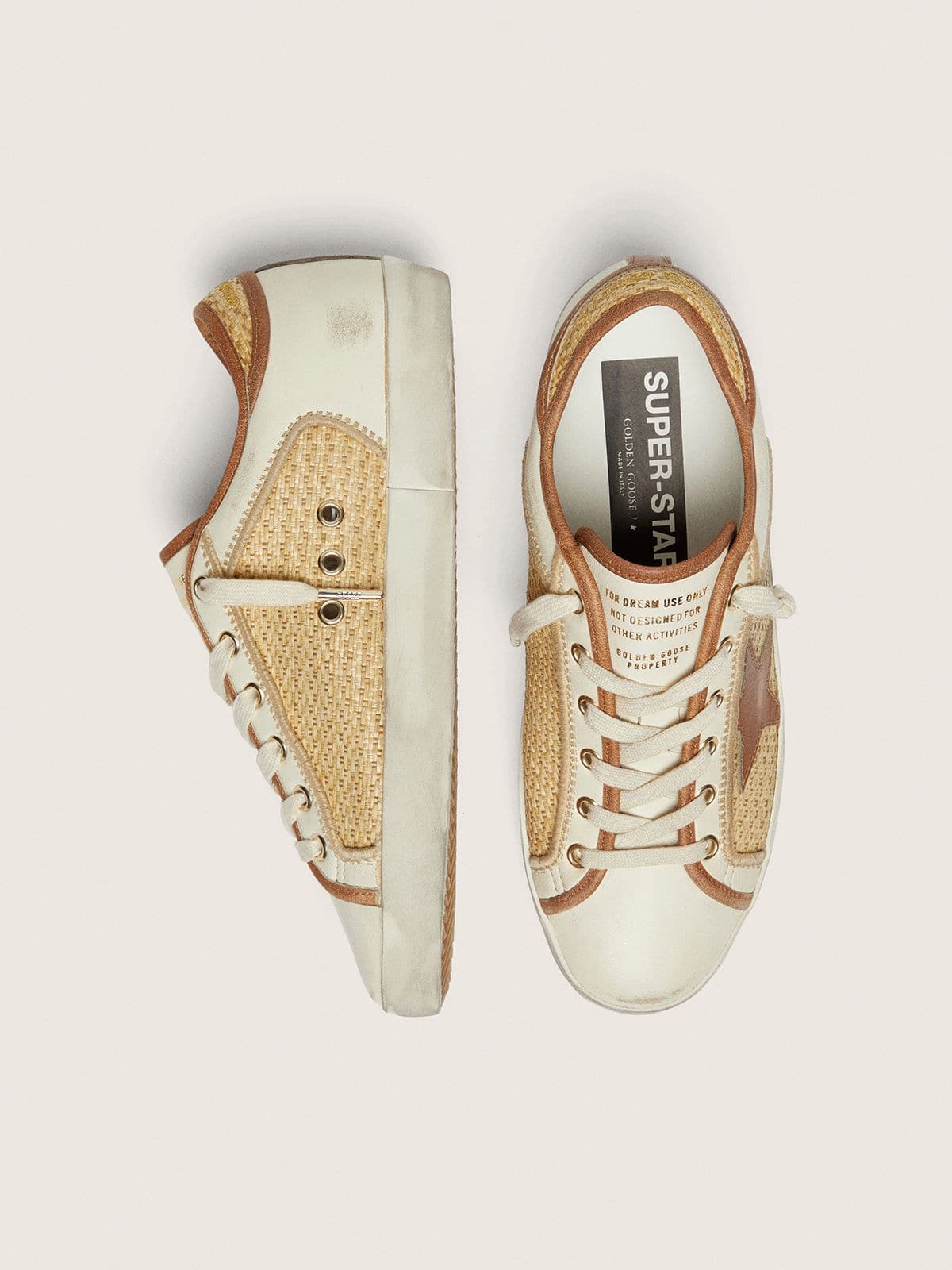 Golden Goose Womens Super-Star In White Leather And Raffia With Brick-Red Star And Inserts Womens