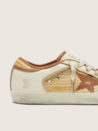 Golden Goose Womens Super-Star In White Leather And Raffia With Brick-Red Star And Inserts Womens