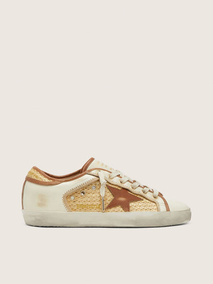 Golden Goose Womens Super-Star In White Leather And Raffia With Brick-Red Star And Inserts Womens