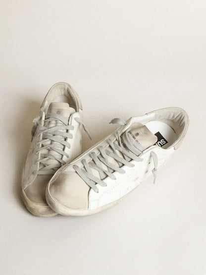 Golden Goose Womens Super-Star In White Leather With Perforated Star And Beige Nubuck Heel Tab Womens