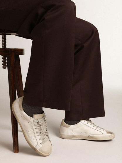 Golden Goose Womens Super-Star In White Leather With Perforated Star And Beige Nubuck Heel Tab Womens