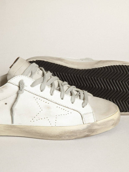 Golden Goose Womens Super-Star In White Leather With Perforated Star And Beige Nubuck Heel Tab Womens