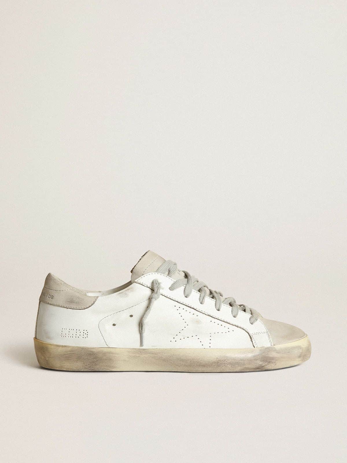 Golden Goose Womens Super-Star In White Leather With Perforated Star And Beige Nubuck Heel Tab Womens