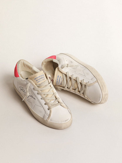 Golden Goose Womens White Leather Super-Star With Perforated Star And Fuchsia Nylon Heel Tab Womens