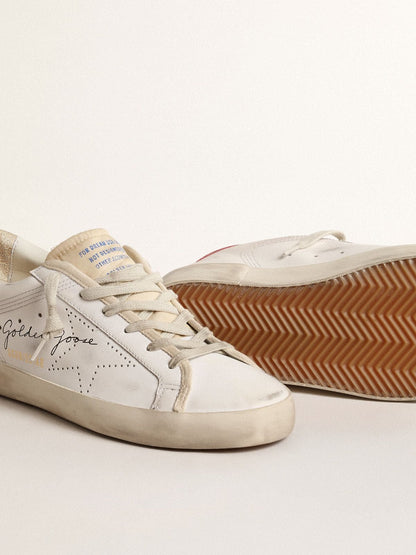 Golden Goose Womens White Leather Super-Star With Perforated Star And Fuchsia Nylon Heel Tab Womens