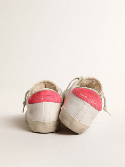 Golden Goose Womens White Leather Super-Star With Perforated Star And Fuchsia Nylon Heel Tab Womens
