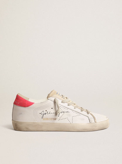 Golden Goose Womens White Leather Super-Star With Perforated Star And Fuchsia Nylon Heel Tab Womens