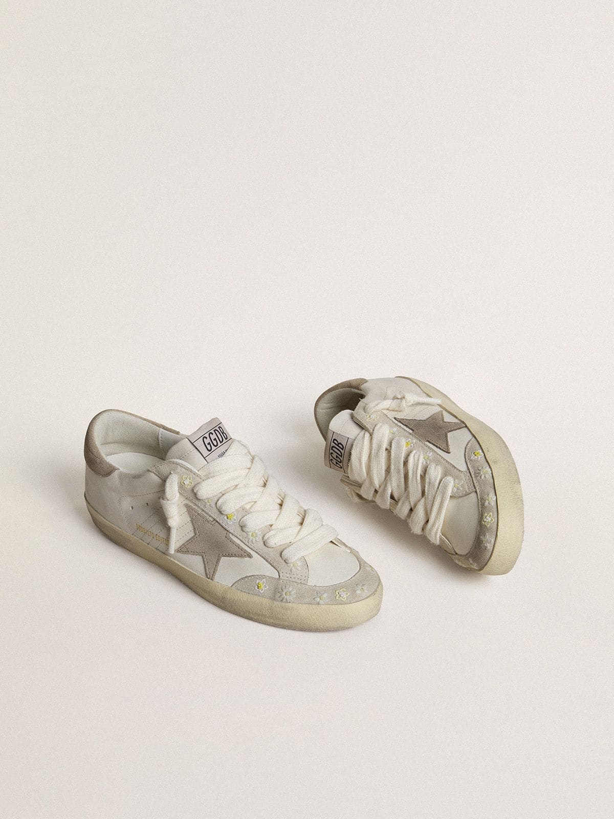 Golden Goose Womens Super-Star Ltd With Beige Suede Star And Heel Tab And Floral Embroidery Womens