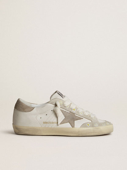 Golden Goose Womens Super-Star Ltd With Beige Suede Star And Heel Tab And Floral Embroidery Womens