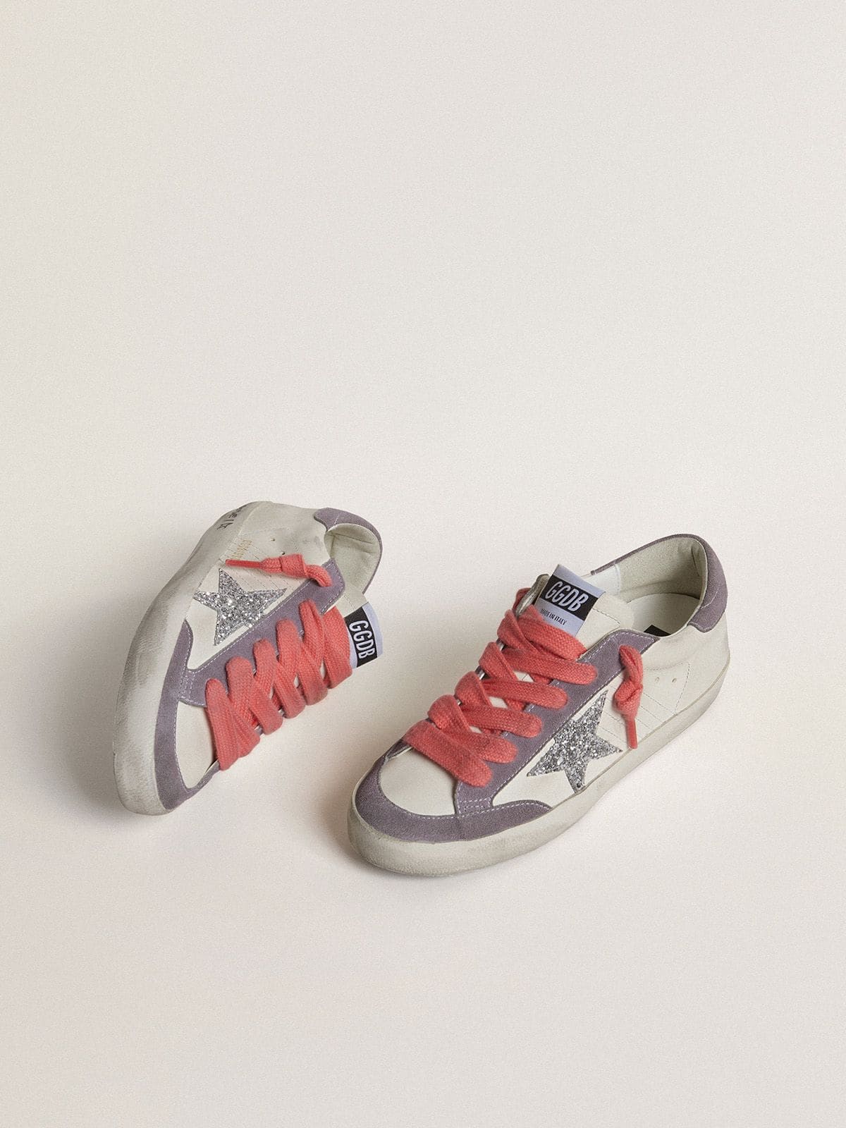 Golden Goose Womens Super-Star With Silver Glitter Star And Lilac Suede Heel Tab Womens