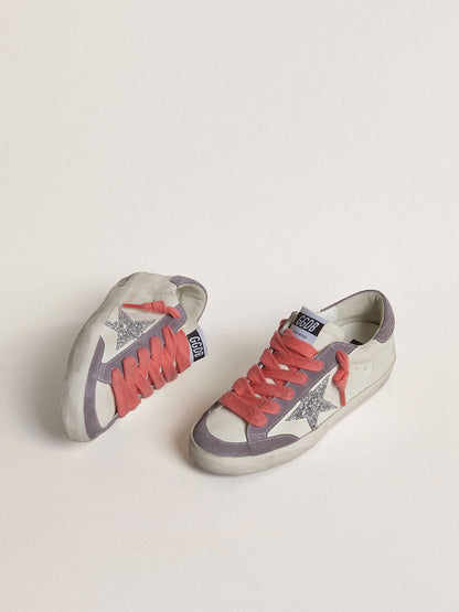 Golden Goose Womens Super-Star With Silver Glitter Star And Lilac Suede Heel Tab Womens