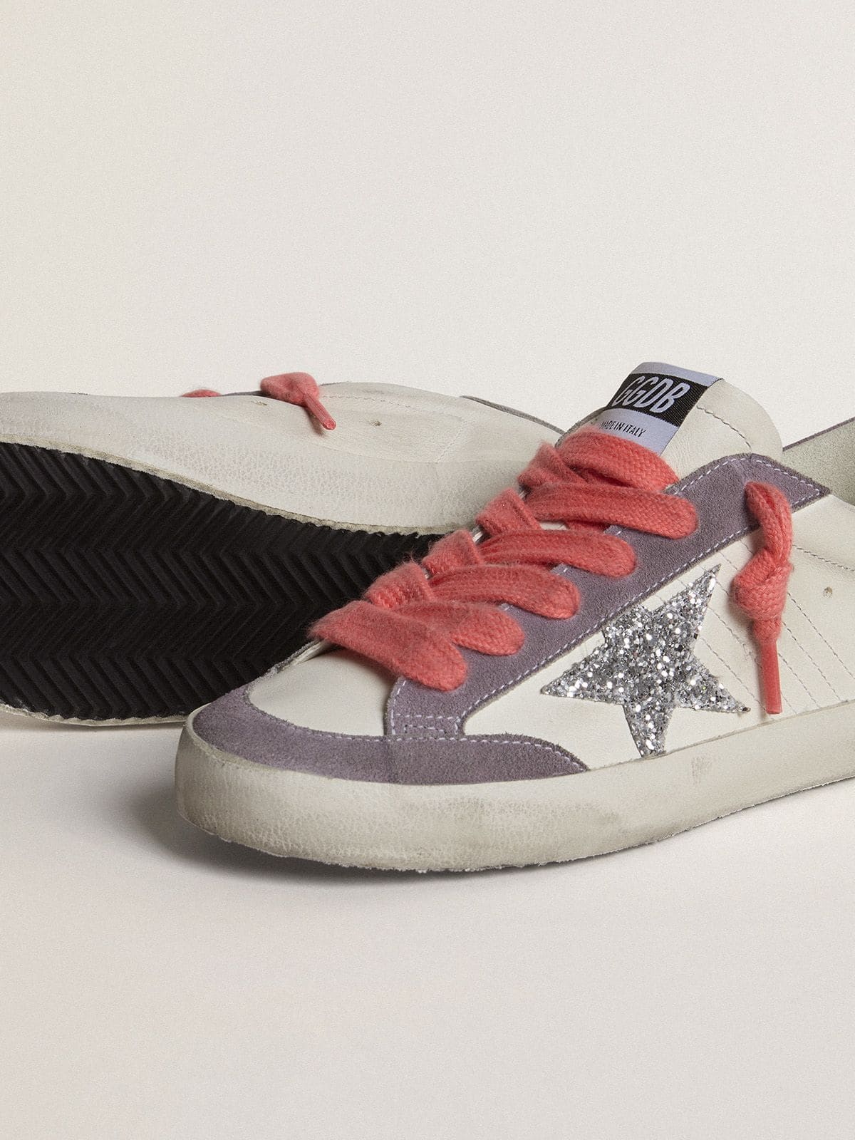 Golden Goose Womens Super-Star With Silver Glitter Star And Lilac Suede Heel Tab Womens
