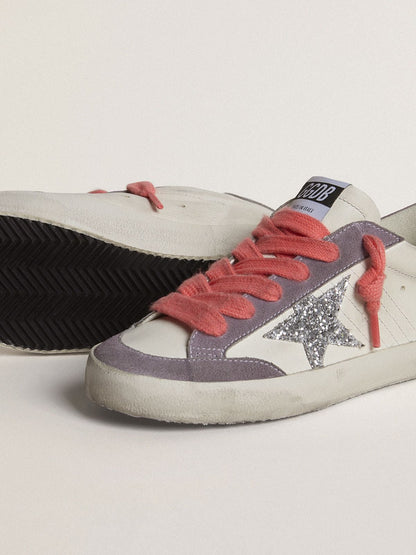 Golden Goose Womens Super-Star With Silver Glitter Star And Lilac Suede Heel Tab Womens