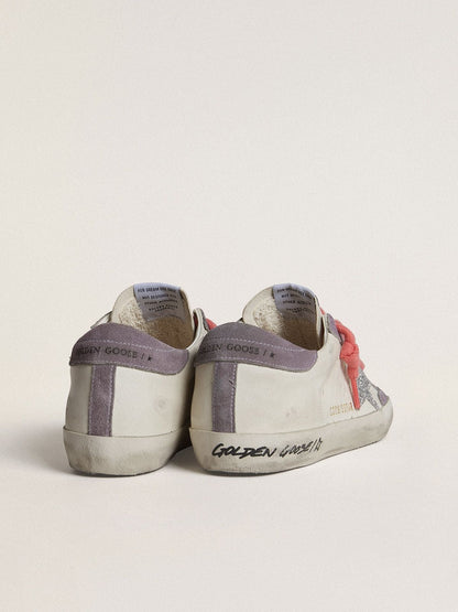 Golden Goose Womens Super-Star With Silver Glitter Star And Lilac Suede Heel Tab Womens