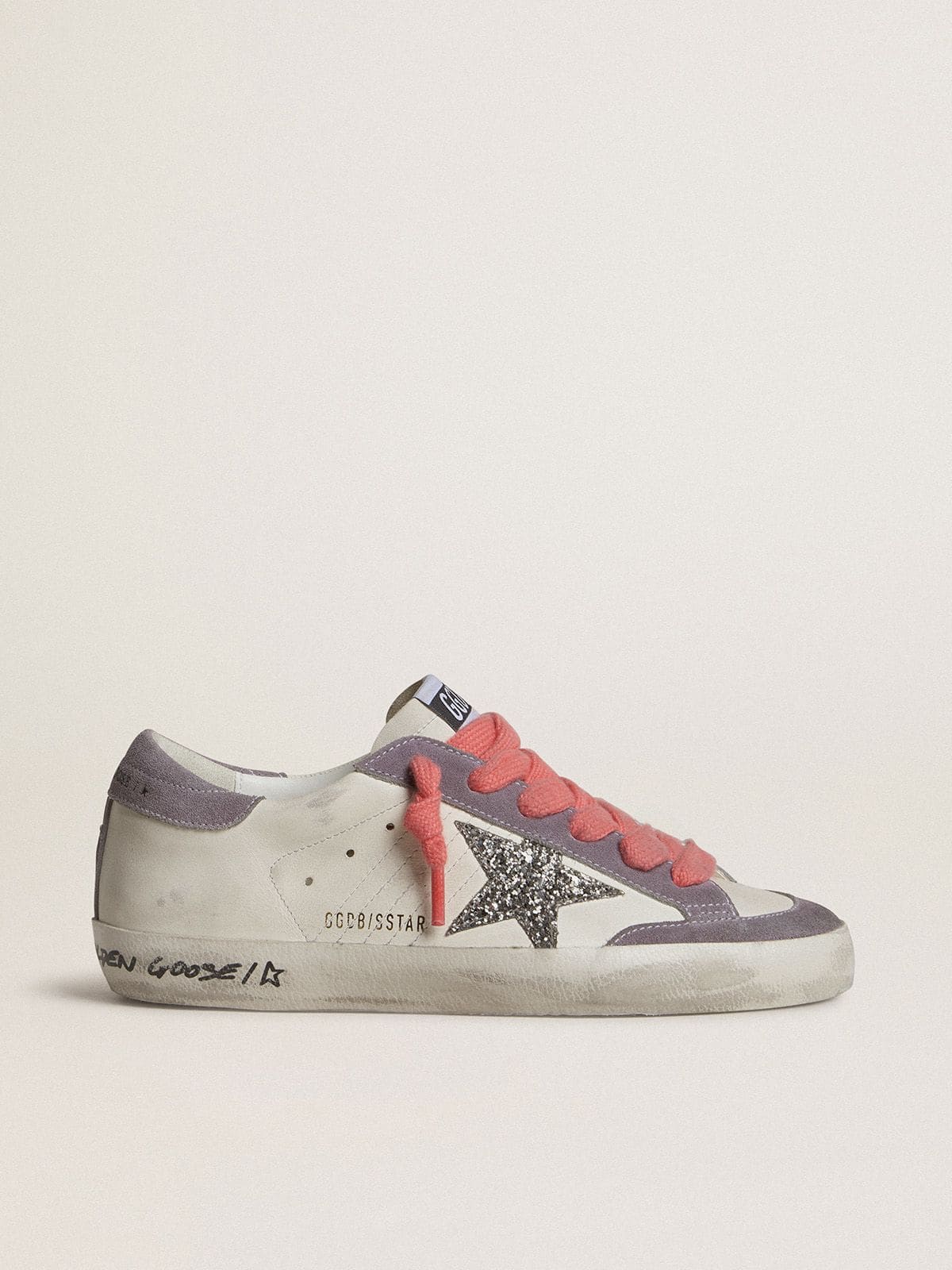 Golden Goose Womens Super-Star With Silver Glitter Star And Lilac Suede Heel Tab Womens