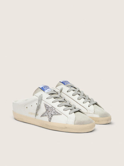 Golden Goose Super-Star Sabot With A Platinum Glitter Star And Suede Tongue Womens