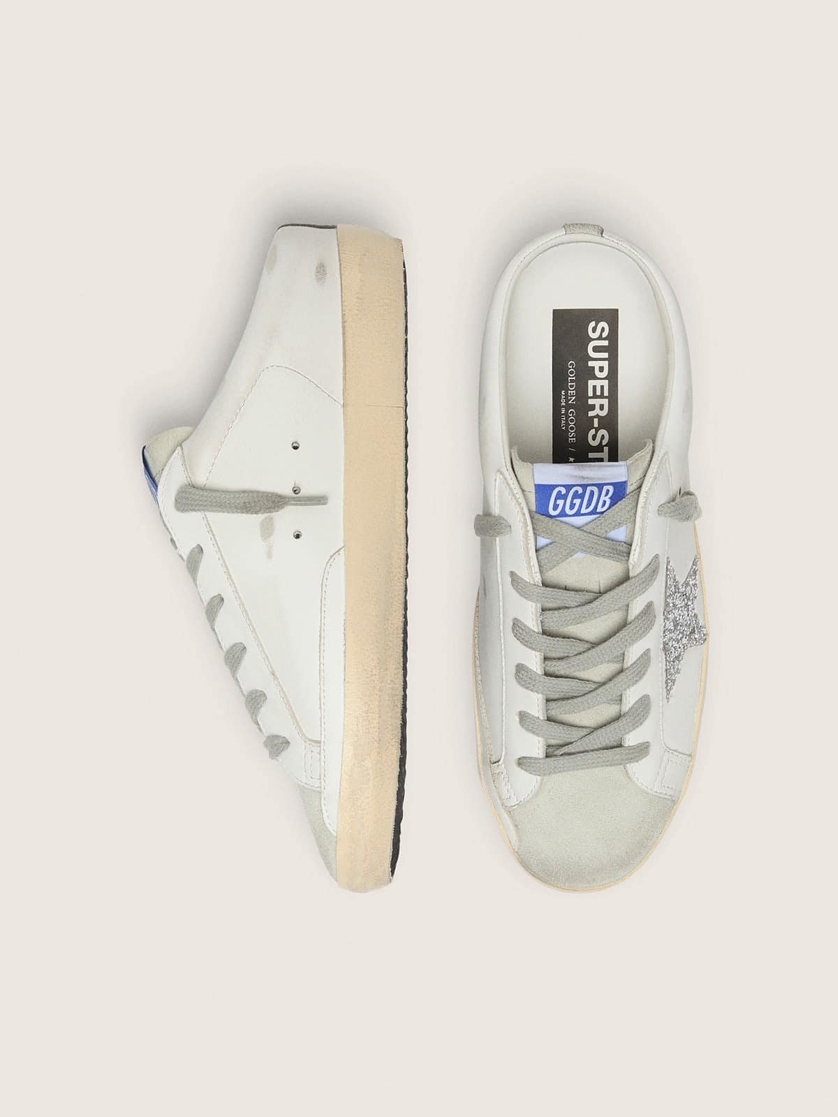 Golden Goose Super-Star Sabot With A Platinum Glitter Star And Suede Tongue Womens