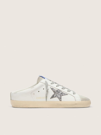 Golden Goose Super-Star Sabot With A Platinum Glitter Star And Suede Tongue Womens