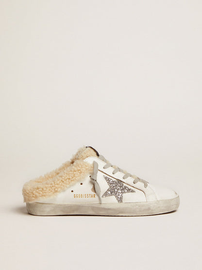Golden Goose Womens Super-Star Sabot In White Leather And Shearling Lining Womens