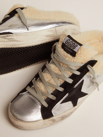 Golden Goose Womens Super-Star Sabot In Silver Laminated Leather With Black Star Womens