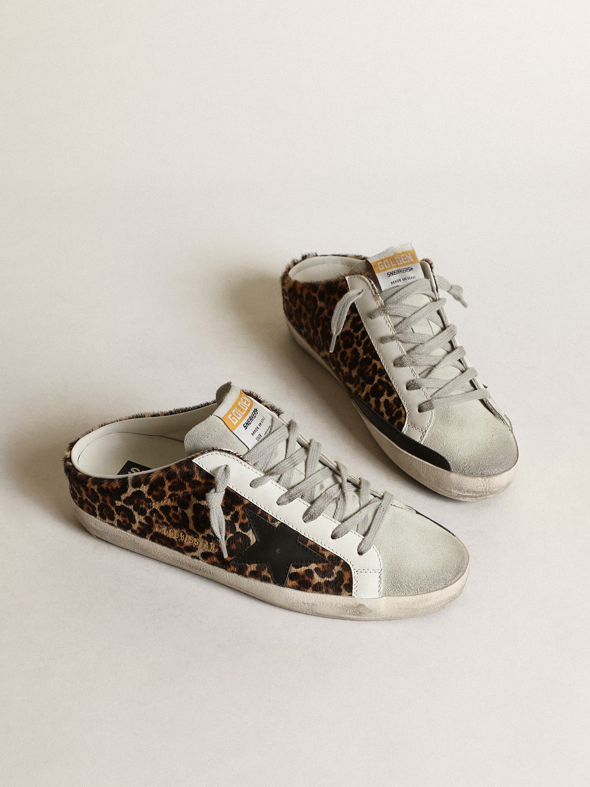Golden Goose Womens Super-Star Sabot In Leopard Print Pony Skin With Black Star Womens