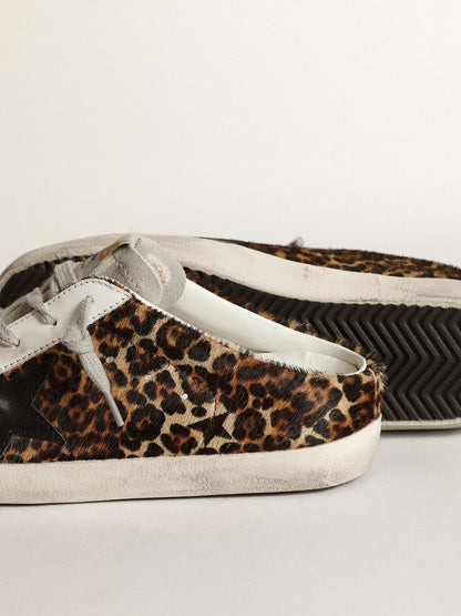 Golden Goose Womens Super-Star Sabot In Leopard Print Pony Skin With Black Star Womens