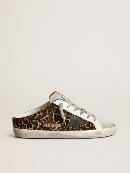 Golden Goose Womens Super-Star Sabot In Leopard Print Pony Skin With Black Star Womens