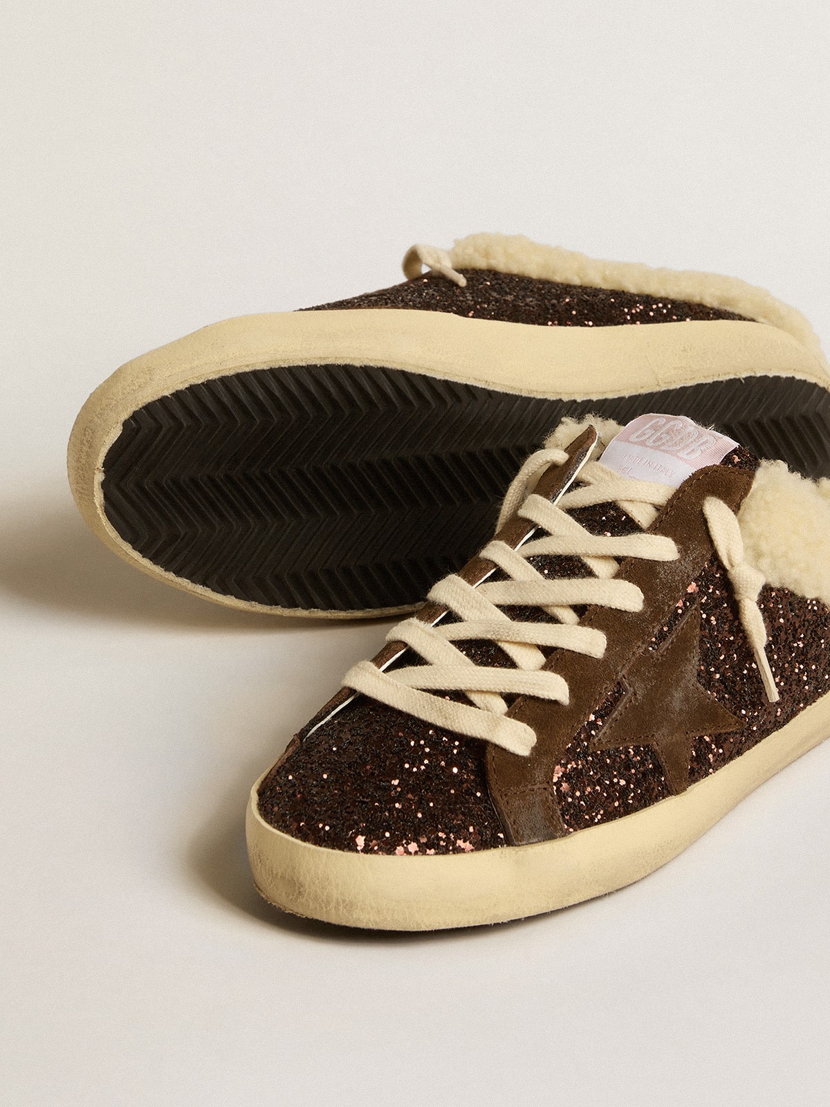 Golden Goose Super-Star Sabots In Glitter With Brown Star And Shearling Lining Womens