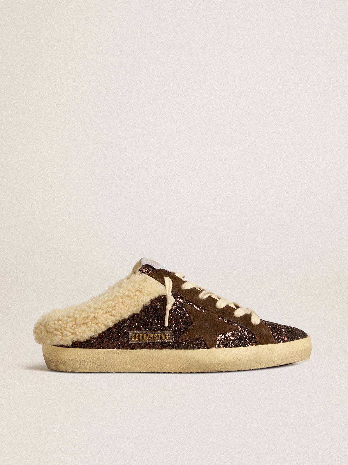 Golden Goose Super-Star Sabots In Glitter With Brown Star And Shearling Lining Womens