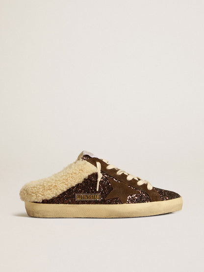 Golden Goose Super-Star Sabots In Glitter With Brown Star And Shearling Lining Womens