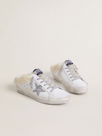 Golden Goose Super-Star Sabots In White Leather With Shearling Lining And Silver Star Womens