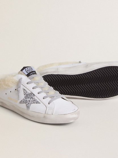 Golden Goose Super-Star Sabots In White Leather With Shearling Lining And Silver Star Womens