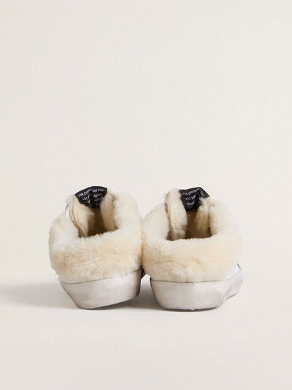 Golden Goose Super-Star Sabots In White Leather With Shearling Lining And Silver Star Womens
