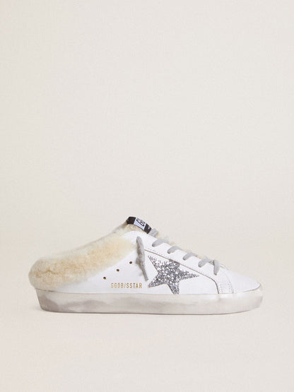 Golden Goose Super-Star Sabots In White Leather With Shearling Lining And Silver Star Womens