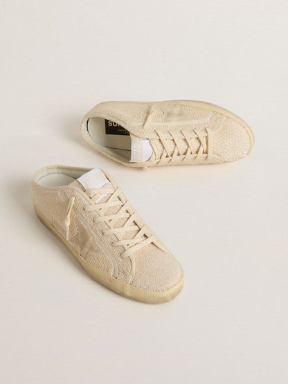 Golden Goose Womens Super-Star Sabot In Beige Canvas With Embroidered Beads And Beige Suede Star Womens