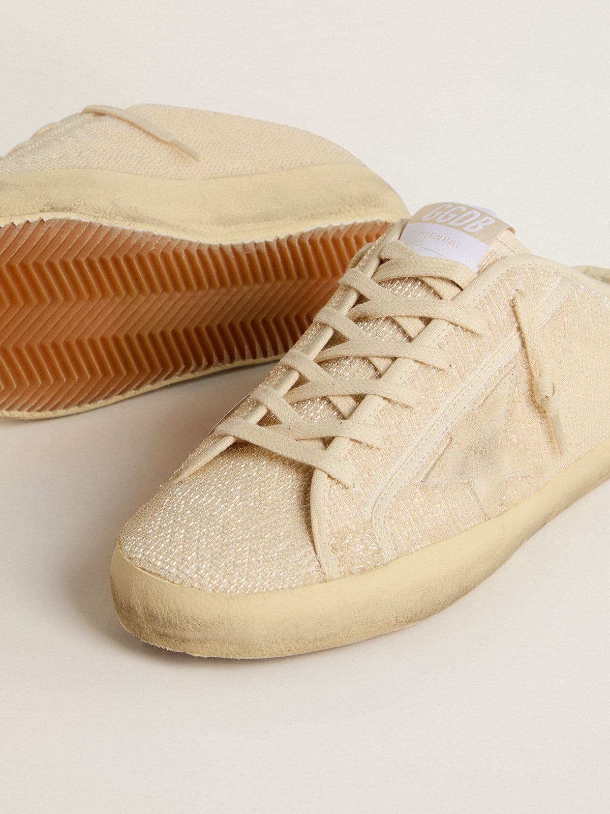Golden Goose Womens Super-Star Sabot In Beige Canvas With Embroidered Beads And Beige Suede Star Womens