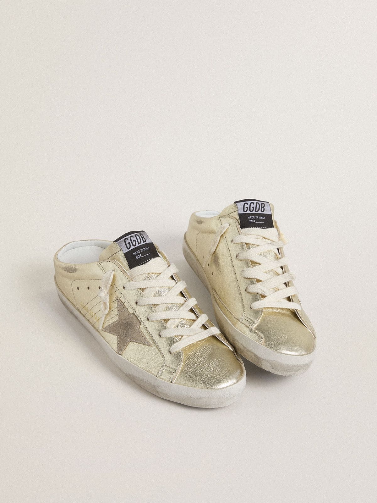 Golden Goose Super-Star Sabots In Platinum Foiled Leather With Beige Suede Star Womens