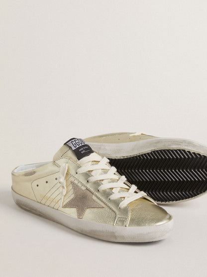 Golden Goose Super-Star Sabots In Platinum Foiled Leather With Beige Suede Star Womens