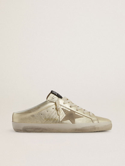 Golden Goose Super-Star Sabots In Platinum Foiled Leather With Beige Suede Star Womens